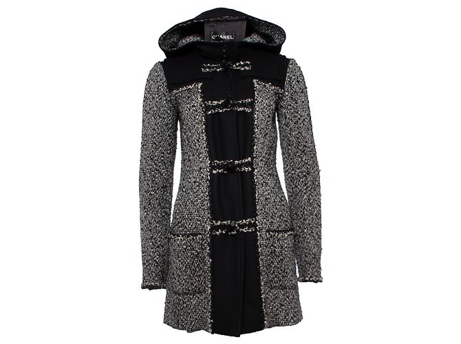 Chanel, tweed hooded monty coat. Black
