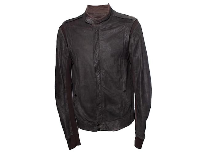 Rick Owens, Cotton and leather biker jacket Brown Grey  ref.1003648