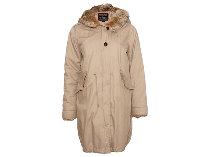 WOOLRICH, Khaki/sand colored hooded parka with removable fur lining in size S. Brown Green Cotton  ref.1003680