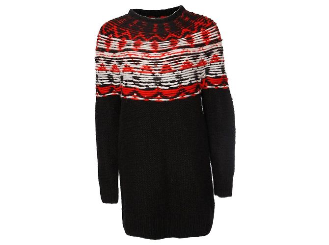 Autre Marque Denham, schwarzer Wollpullover mit Rot/Weiß um den Hals in Größe S.