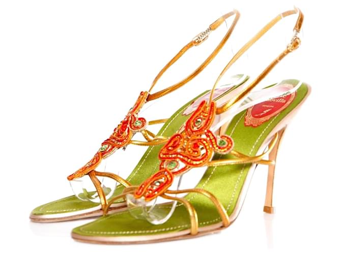 Rene Caovilla, Jeweled sandals with orange/Red/green stones and gold leather straps in size 39.5. Multiple colors  ref.1003713