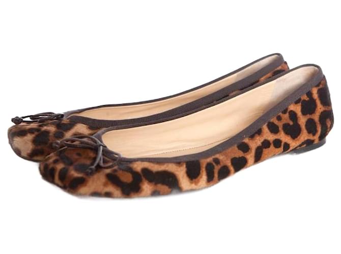 CHRISTIAN LOUBOUTIN, leopard printed ponyskin ballerinas in size 39.5. Brown Leather  ref.1003721