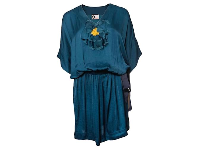 LANVIN (vintage), Robe couleur pétrole avec détail ocre en taille 38fr/S. Polyester Bleu  ref.1003736