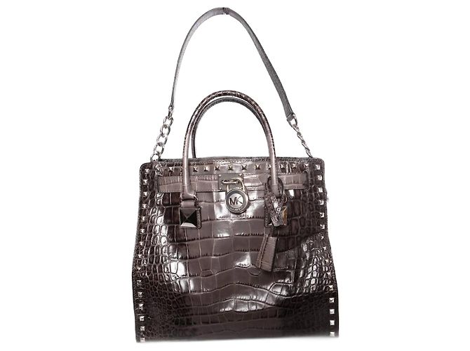 Michael Kors, Grey croc embossed Hamilton tote with silver hardware.