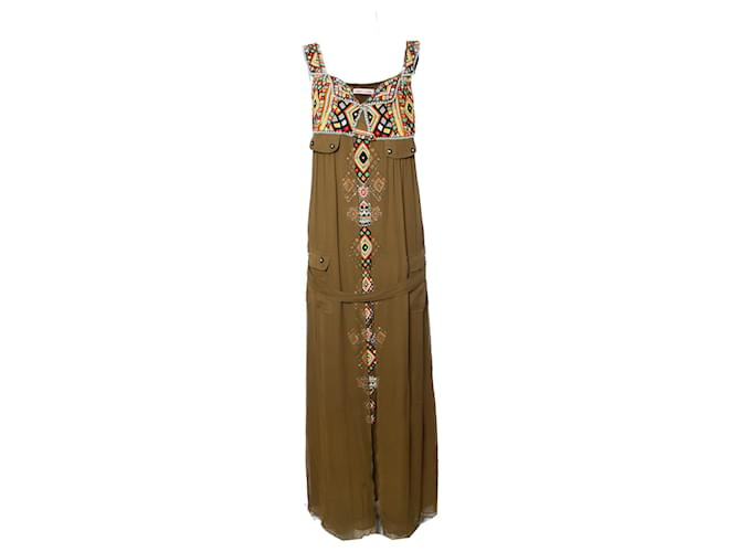 Matthew Williamson, Long green silk dress with ethnic beadwork in size UK14/L-XL.  ref.1003747