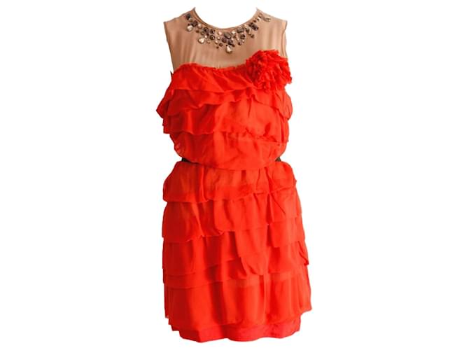 LANVIN for H&M, Ruffled sleeveless cocktail dress with elastic belt and embellishment details in size 38/S. Orange Silk  ref.1003803