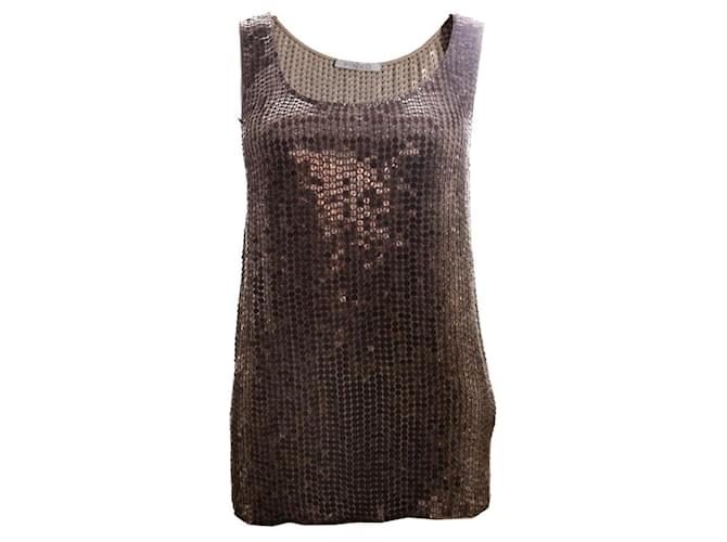 Pinko, brown coloured tank top with brown/bronze coloured sequences in size S. Silk  ref.1003836