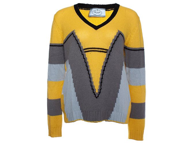 Prada, pull en cachemire jaune et gris 