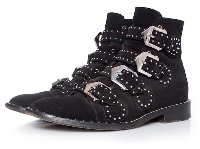 GIVENCHY, black studded buckled boots Suede  ref.1003897