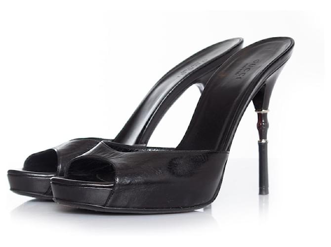 gucci, Black leather mule sandal with bamboo heel  ref.1003900