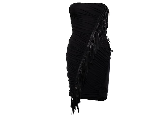 BLUMARINE, vestido espartilho preto com franjas Couro Seda  ref.1003905