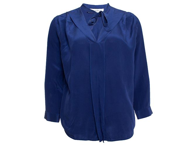 Sandro, camicia in seta blu con fiocco