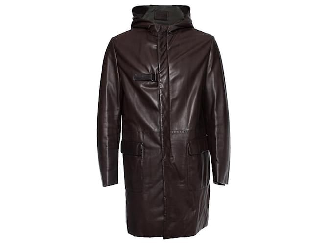 Prada, Brown hooded leather parka Green  ref.1003955