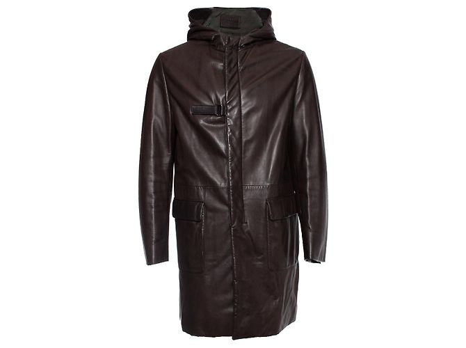 Prada, Parka de couro com capuz marrom Verde