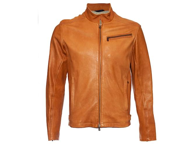KENZO, Orangefarbene Bikerjacke aus Leder Braun  ref.1003956