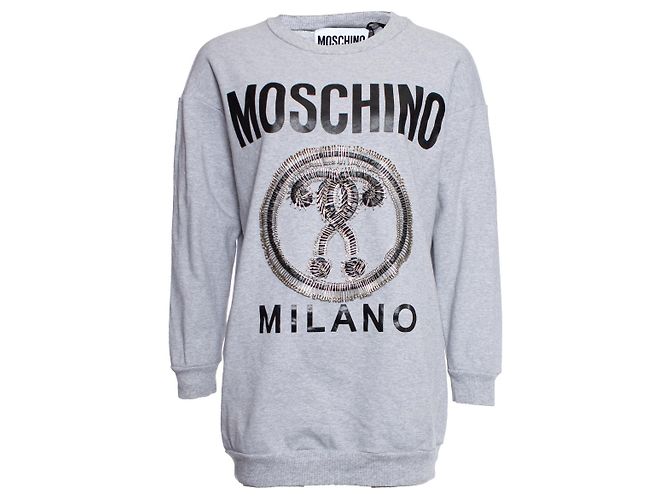 Moschino, Grauer Pullover mit Sicherheitsnadeln.
