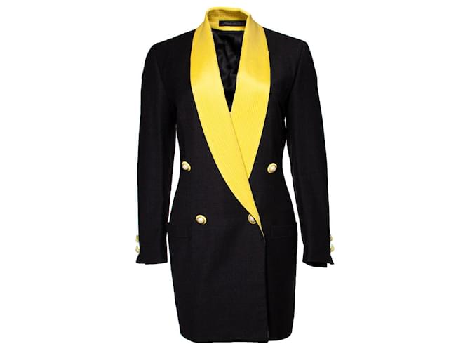 Gianni Versace Couture, Maxi blazer con colletto giallo Nero Lana  ref.1004035