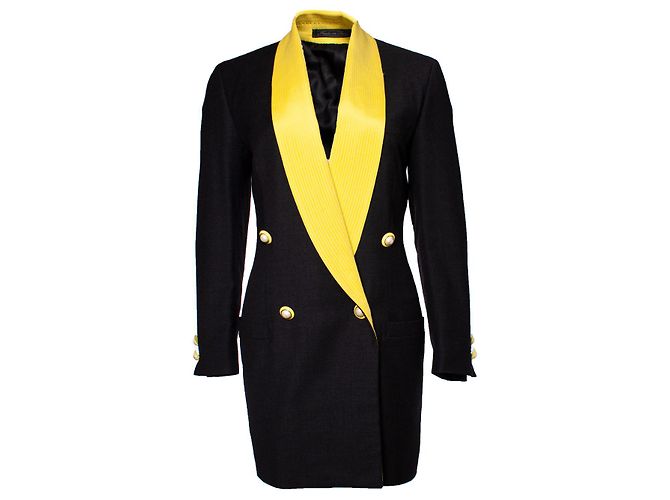 Gianni Versace Couture, Maxiblazer mit gelbem Kragen Schwarz