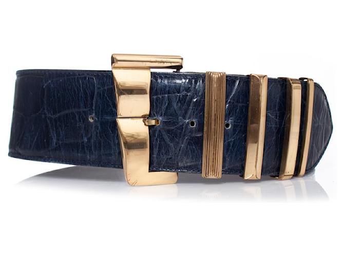 Gianni Versace, Cinturón de piel con estampado de cocodrilo azul Cuero  ref.1004047