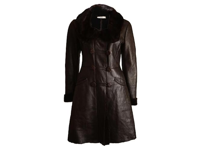 Prada, brown leather coat with dyed sheep fur, mink fur collar and caiman leather buttons in size 42 IT/S. Wool  ref.1004130