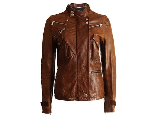 Dolce & Gabbana, veste de motard en cuir marron.  ref.1004131
