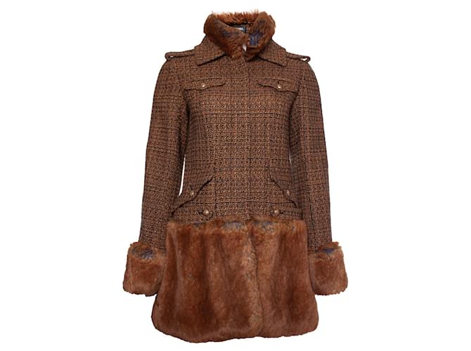 Chanel, tweed coat with imitation fur Brown Leather Wool  ref.1004171