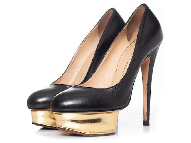 Charlotte Olympia Charlotte Olimpia, Zapatos de salón Dolly con plataforma de piel Negro Cuero  ref.1004173