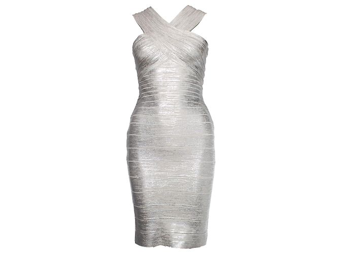 Herve Leger Hervé Léger de Max Azria, vestido prateado ombro a ombro Prata