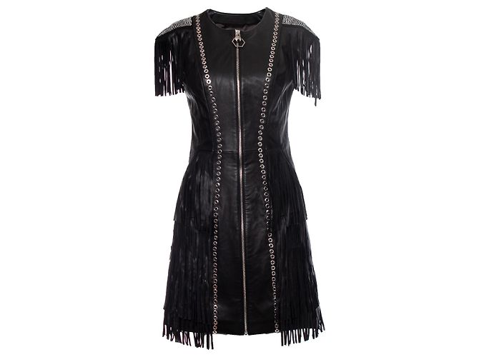 Philipp Plein, Lederkleid mit Fransen Schwarz