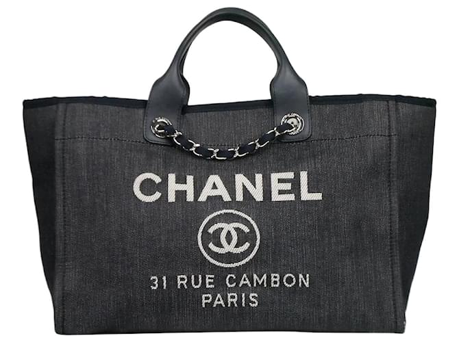 Cambon Chanel Blue 2017 denim Deauville GM tote bag Leather ref.1004532 -  Joli Closet