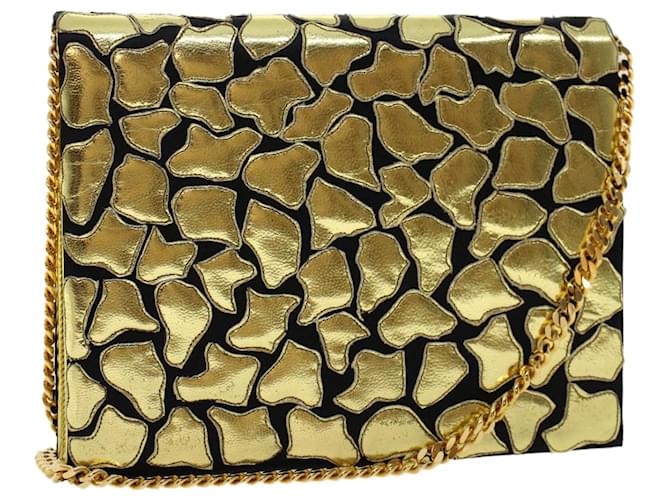 VALENTINO Chain Shoulder Bag Leather Nylon Gold Tone Black Auth 48623  ref.1005338