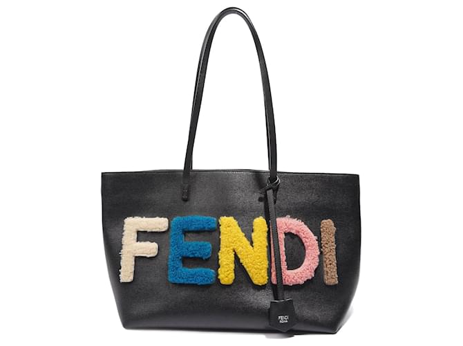 Fendi Logo Roll Tote Black Leather / Shearling Large