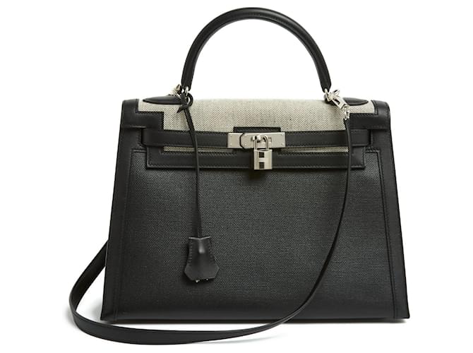 Kelly Hermès Handbags Black Cream Leather Cloth  ref.1006421