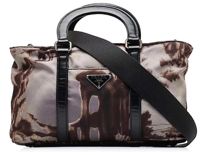 Prada Tessuto Nylon Brown Leather Trim 2 Way Handbag Shoulder Bag