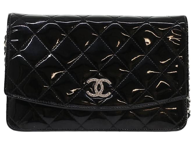 Wallet On Chain Portafoglio Chanel su catena Nero Pelle verniciata  ref.1007071