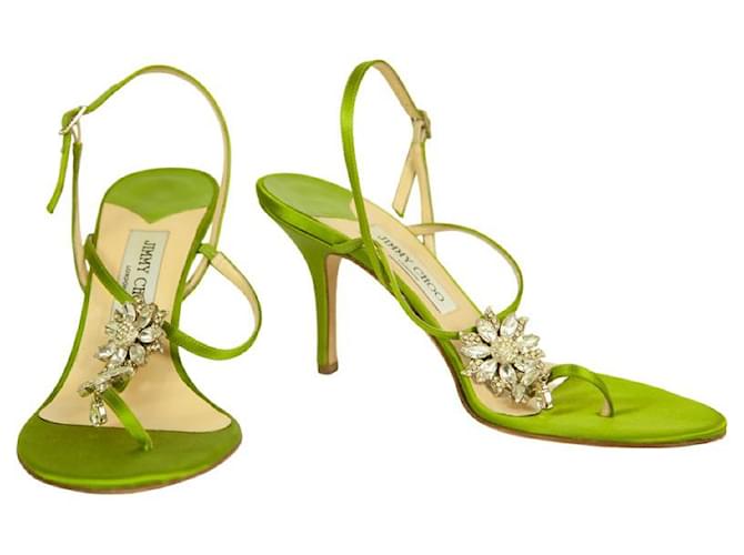 Jimmy Choo Green Crystal Flower Thong Sandals Slim Heel Strappy Shoes 39.5 Leather  ref.1007501