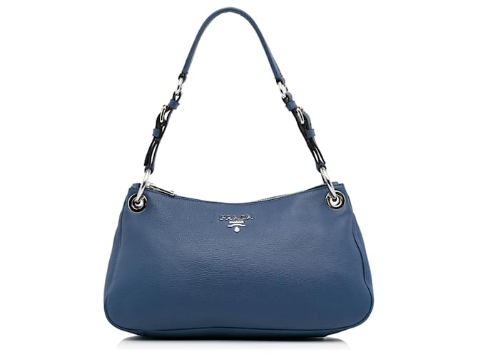 Prada Blue Vitello Daino Shoulder Bag Leather Pony style calfskin