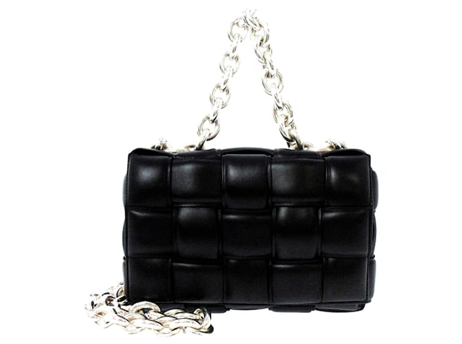 Bottega Veneta Black Padded Cassette Leather Chain Shoulder Bag Silvery Metal Pony-style calfskin  ref.1008320