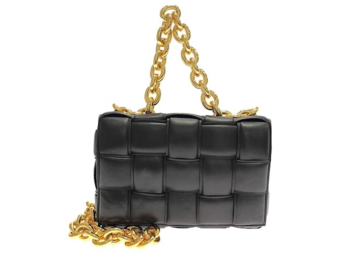 Black Padded Woven Leather Cross-body Bag With Gold Chain 