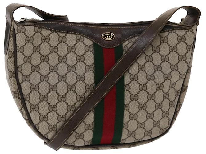 GUCCI GG Canvas Web Sherry Line Shoulder Bag PVC Leather Beige Green Auth ki3157 Red  ref.1009214