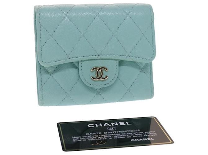 Pre-owned Chanel Leather Card Wallet In Turquoise