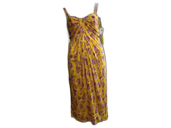 Diane Von Furstenberg Robe fourreau en soie DvF Silvie jaune et fleurs multicolores  ref.971378