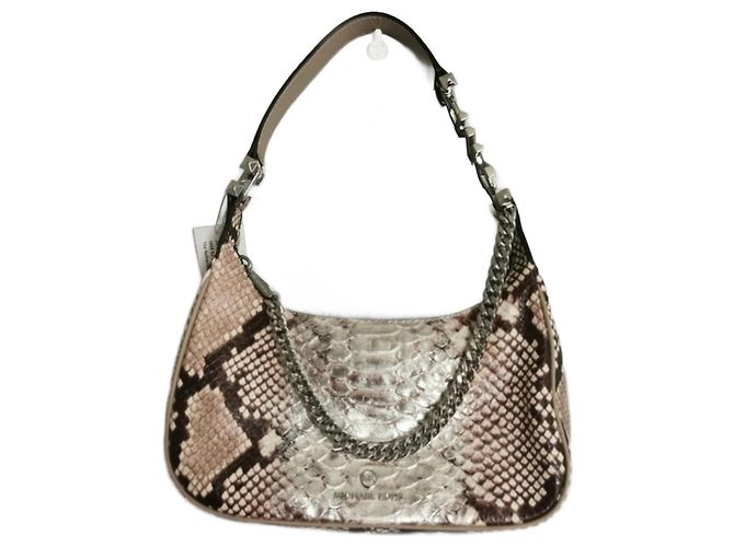 Bolsa Michael Kors Piper de couro estampa python marrom e prata Bege Impressão em python Hardware prateado