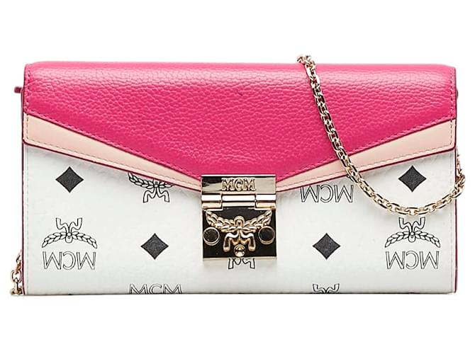 MCM Visetos Leather Wallet on Chain Pink Pony-style calfskin ref