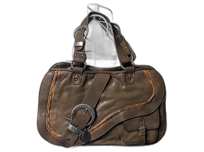 Dior gaucho bag Brown Silvery Khaki Leather  ref.972746