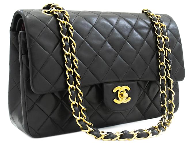 Chanel Classic gefütterte Klappe 10"Chain Shoulder Bag Black Lambskin Schwarz Leder  ref.972844