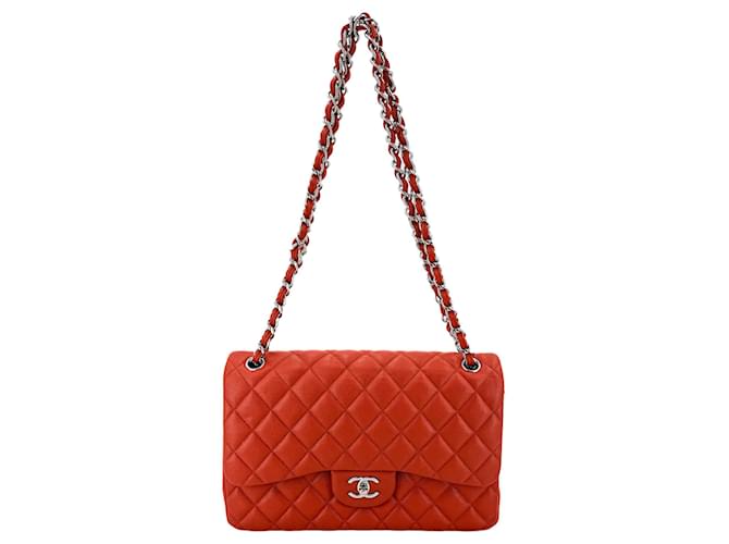 Chanel Classic lined Flap Jumbo Caviar Leather Chain Bag Orange