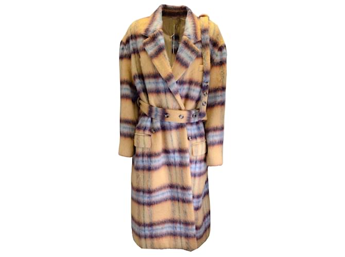 Autre Marque Rokh Mustard Yellow / Blue Multi Plaid Pattern Wool Trench Coat Multiple colors  ref.975942