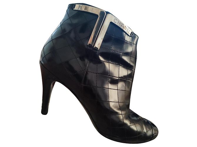 Chanel Ankle Boots Black Leather Silvery