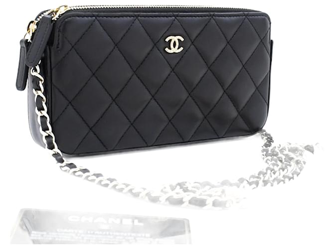 CHANEL Lambskin Pearl Wallet On Chain WOC lined Zip Chain Bag Black Leather  ref.976717